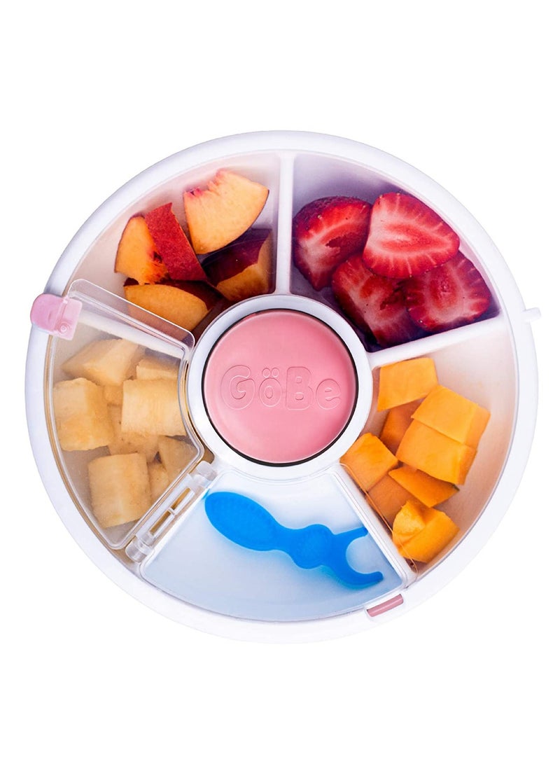 Gobe Kids Snack Spinner Bundle with Hand Strap and Sticker Sheet - Reusable Snack Container with 5 Compartment Dispenser and Lid BPA and PVC Free Dishwasher Safe No Spill