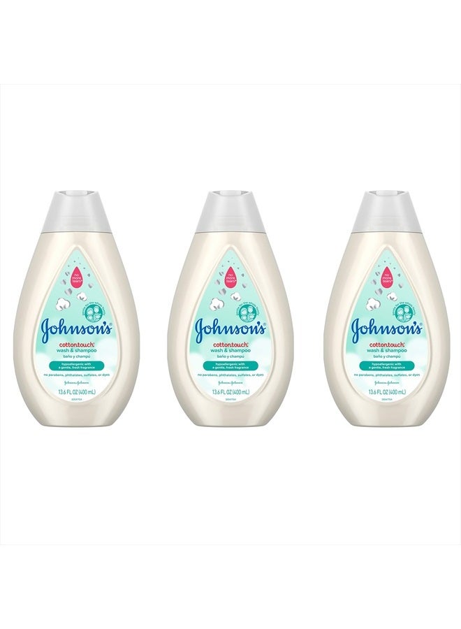 Johnson's CottonTouch Newborn Baby Wash & Shampoo with No More Tears, Sulfate-, Paraben- Free for Sensitive Skin, Made with Real Cotton, Gently Washes Away Dirt & Germs, 13.6 fl. oz, Pack of 3