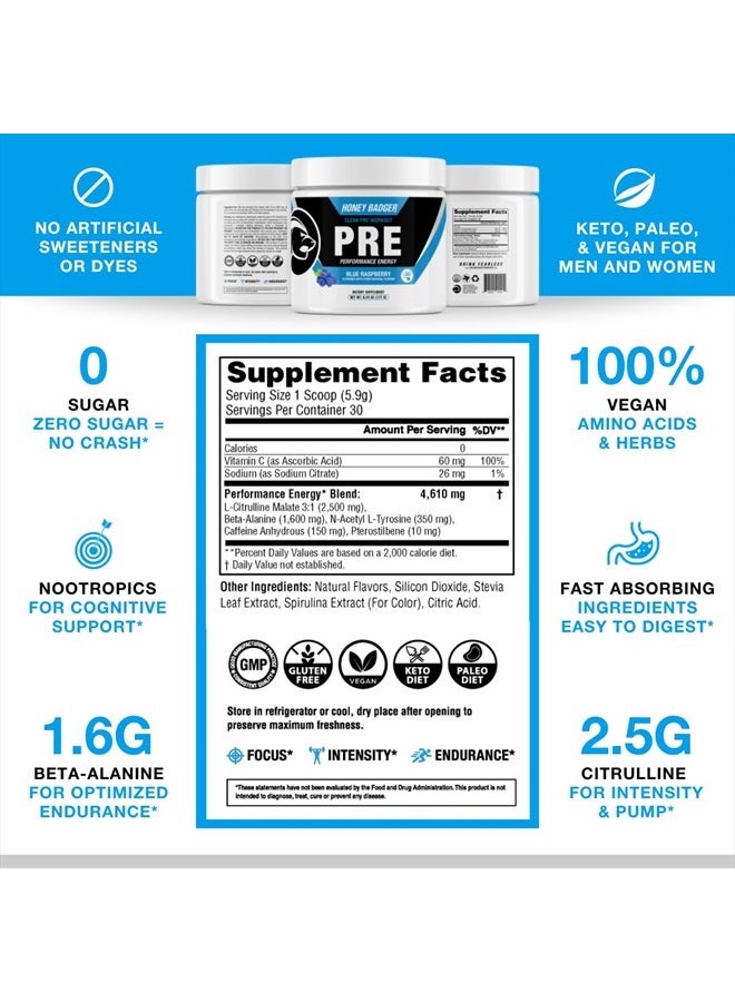 Pre Workout Powder, Keto Vegan Preworkout for Men & Women with Vitamin C for Immune Support, Beta Alanine & Caffeine, Sugar Free Natural Energy Supplement, Blue Raspberry, 30 Servings