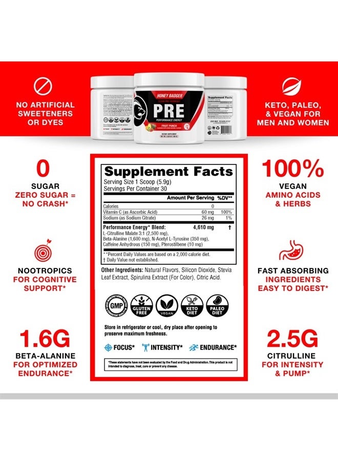 Pre Workout Powder, Keto Vegan Preworkout for Men & Women with Vitamin C for Immune Support, Beta Alanine & Caffeine, Sugar Free Natural Energy Supplement, Fruit Punch, 30 Servings