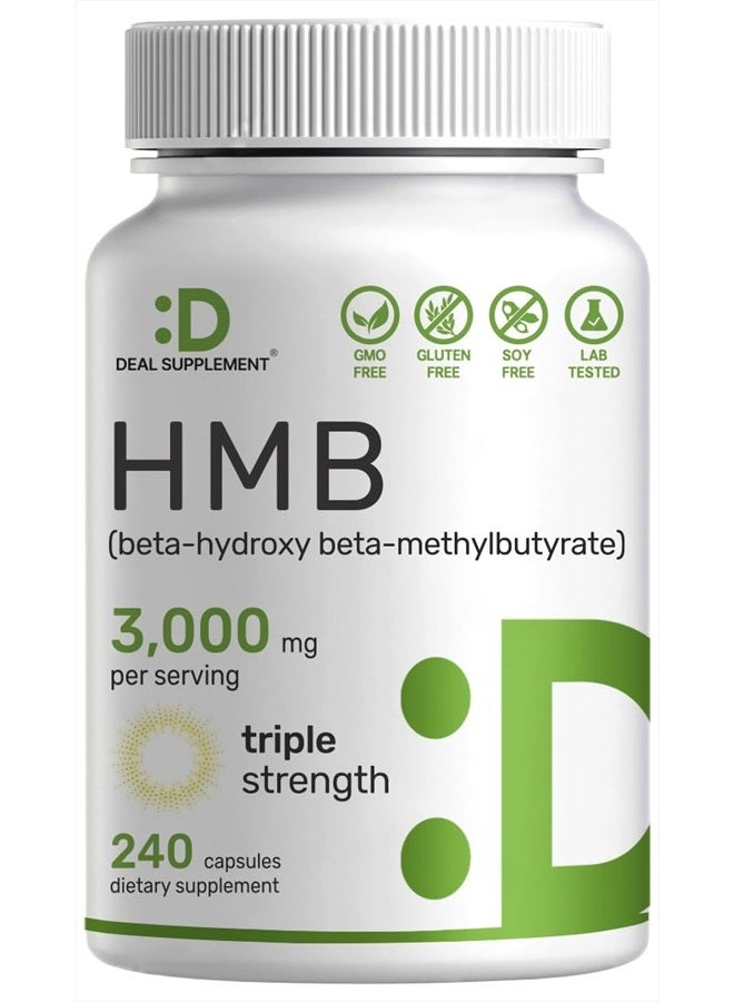 Ultra Strength HMB Supplements 3,000mg Per Serving, 240 Capsules | Third Party Tested | Supports Muscle Growth, Retention & Lean Muscle Mass | Fast Workout Recovery