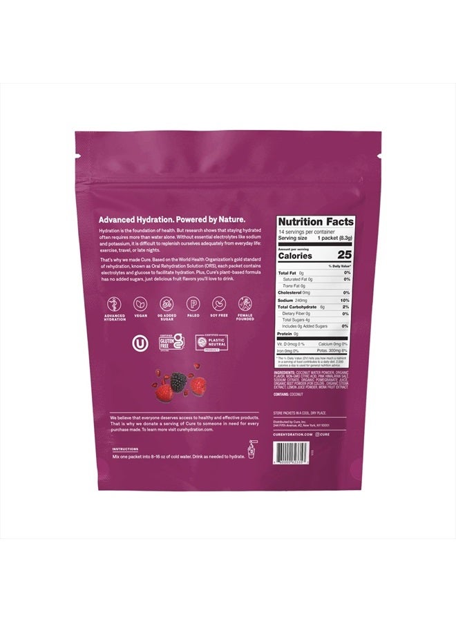 Cure Hydrating Plant Based Electrolyte Mix | FSA & HSA Eligible | Powder for Dehydration Relief | Made with Coconut Water | Non-GMO | No Added Sugar | Vegan | Pouch of 14 Packets - Berry Pomegranate