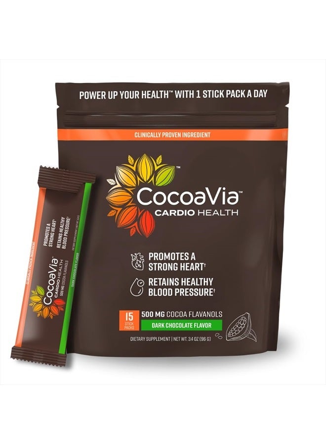 Cardio Health Cocoa Powder, 15 Single Serve Sticks, 500mg Cocoa Flavanols, Support Heart Health, Boost Nitric Oxide, Improve Circulation, Energy, Preworkout, Travel-Friendly, Vegan, Cacao