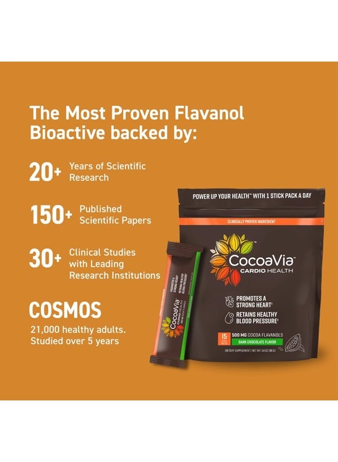 Cardio Health Cocoa Powder, 15 Single Serve Sticks, 500mg Cocoa Flavanols, Support Heart Health, Boost Nitric Oxide, Improve Circulation, Energy, Preworkout, Travel-Friendly, Vegan, Cacao