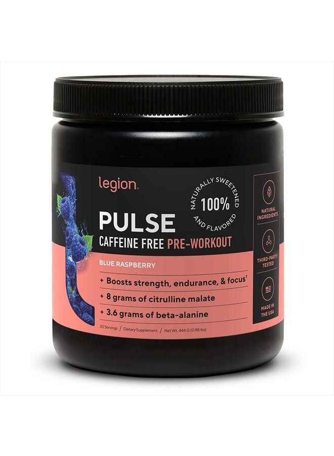 Pulse Pre Workout Supplement - All Natural Nitric Oxide Preworkout Drink to Boost Energy, Creatine Free, Naturally Sweetened, Beta Alanine, Citrulline, Alpha GPC (Caffeine Free Blue Razz)