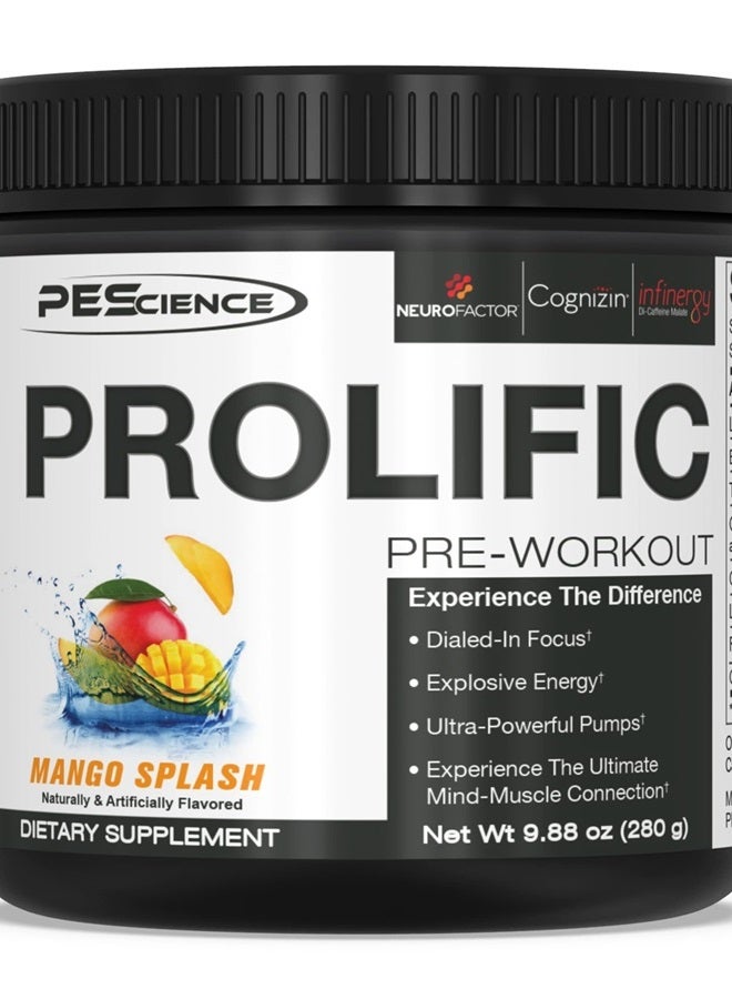 Prolific Pre Workout Powder, Mango Splash, 40 Scoops, Energy Supplement with Nitric Oxide