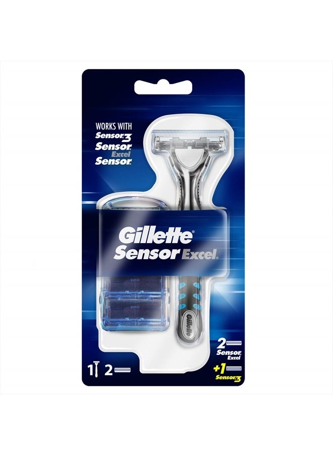 Sensor Excel Men's Razor + 3 Razor Blade Refills, Self-Adjusting Twin Razor Blades, Fit All Gillette Sensor Razors