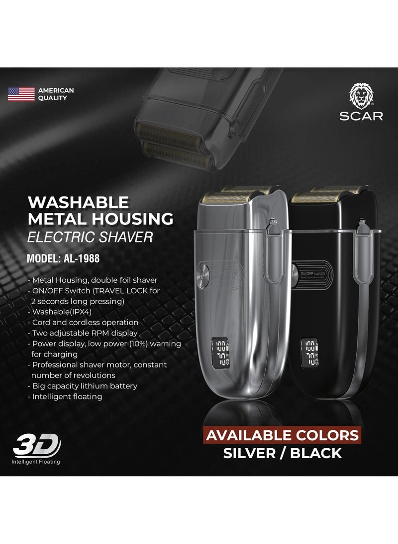 Scar AL-1988 Electric Shaver Washable Electric Shaver with Metal Housing, Fixed Speed Motor, Dual Display Washable Electric Shaver Washable Metal Housing, Rechargeable Battery, Fixed Speed Motor