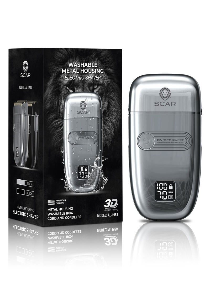 Scar AL-1988 Electric Shaver Washable Electric Shaver with Metal Housing, Fixed Speed Motor, Dual Display Washable Electric Shaver Washable Metal Housing, Rechargeable Battery, Fixed Speed Motor