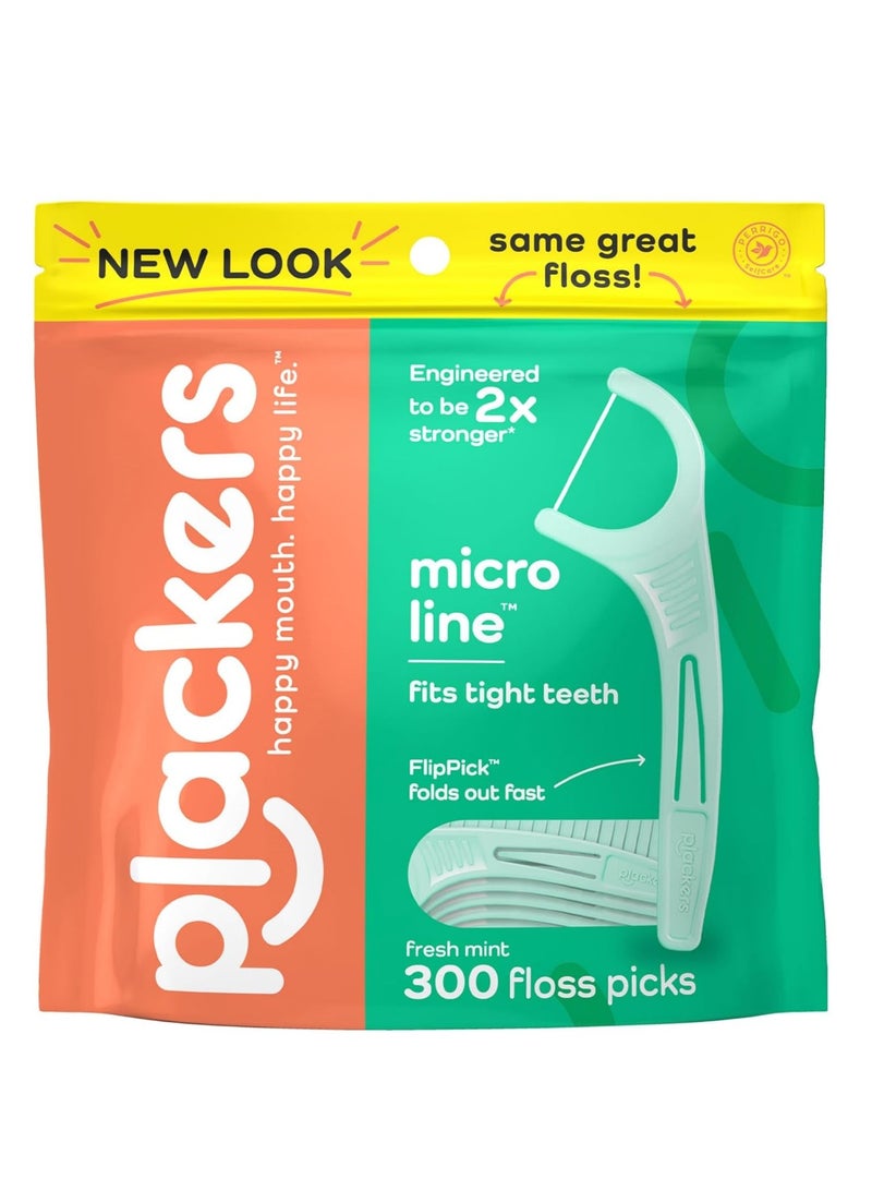 Plackers Micro Line Dental Floss Picks, Fold-Out FlipPick, Tuffloss, Easy Storage with Sure-Zip Seal, Fresh Mint Flavor, 300 Count
