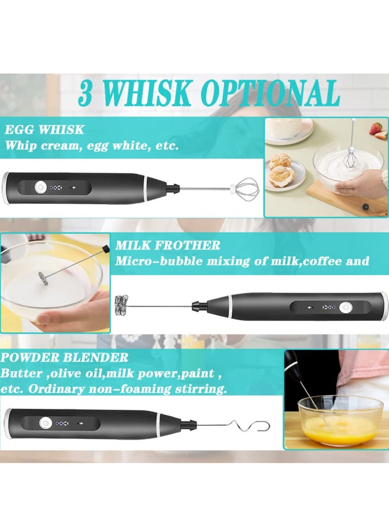 Milk Frother Handheld,Electric Coffee Frother,3 Speeds USB Rechareable Electric Whisk with Double Spring Whisk Head, with USB Cable,3 in 1 Foam Maker for Latte,Milk,Hot Chocolate,Egg Beatin