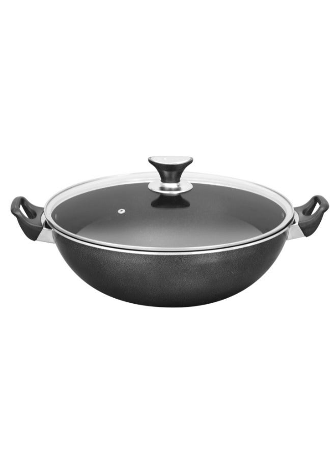 Sonex Cooking Wok With Glass Lid 32 cm & 5.5 Ltr, Teflon Non-Stick Coating PFOA Free & Bakelite Heat Resistant Handle, Durable, Long Lasting Construction, Even Heating, Easy to Clean