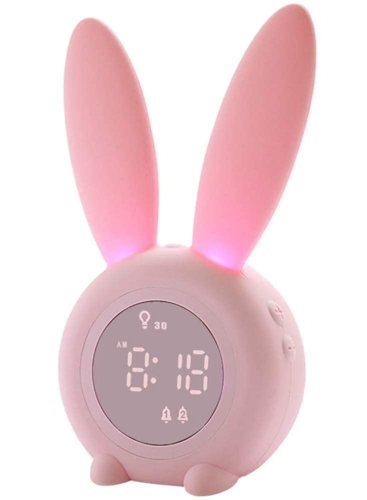 Pink Rabbit Alarm Clock, Luminous Rabbit Alarm Clock Cartoon Rabbit Lamp LED Silicone Bed Light Multifunctional Home Desktop Decorations Timed Night Light for Kids with Lithium Battery