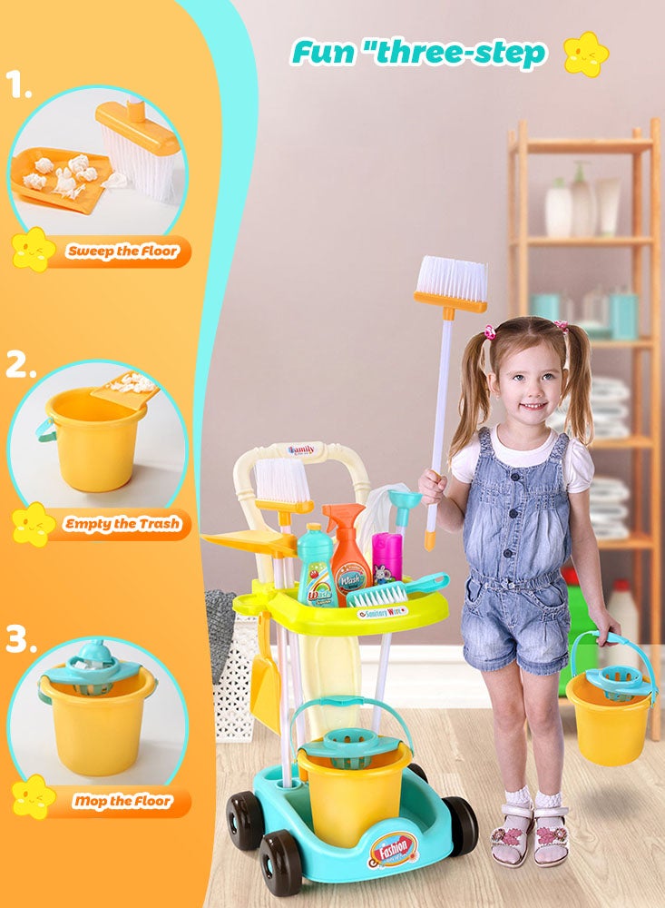 Childrens Cleaning Toy Set for Kids 9 Pieces House Cleaning Tools Toys for Toddlers with Cleaning Cart Broom, Mop, Dustpan, and More