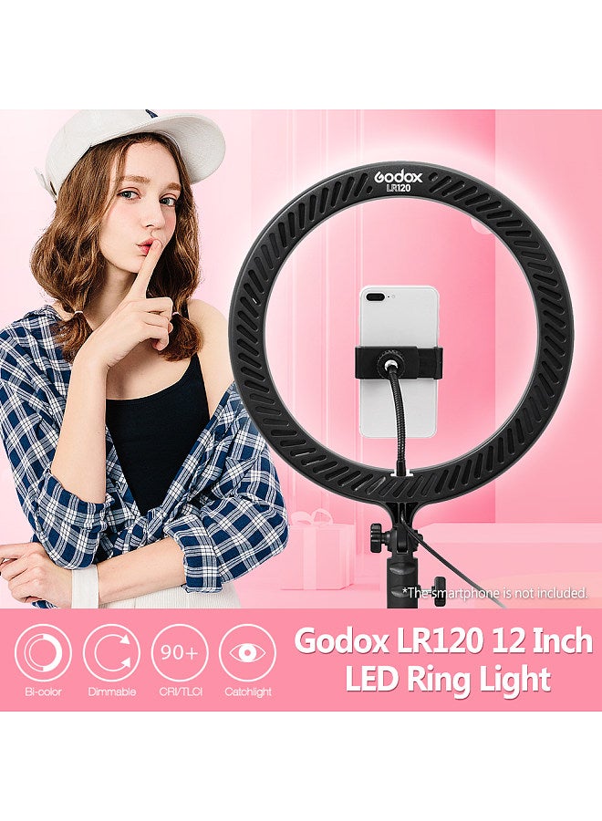 LR120 12 Inch LED Ring Light Studio Photography Fill-in Light 3000K-6000K Bi-Color Temperature Adjustable Brightness USB Powered with Phone Holder