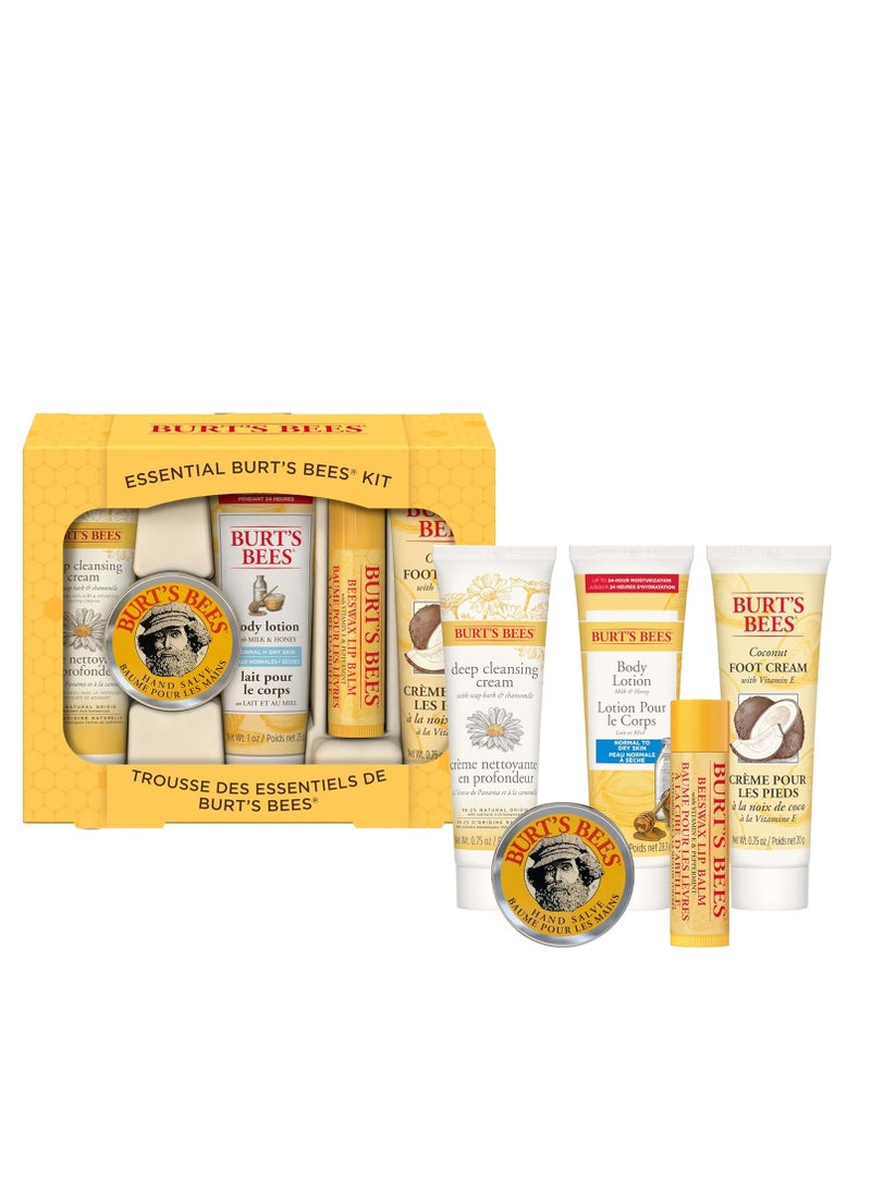 Burt's Bees Mothers Day Gifts for Mom, Essential Everyday Beauty Set, 5 Travel Size Products - Deep Cleansing Cream, Hand Salve, Body Lotion, Foot Cream and Lip Balm