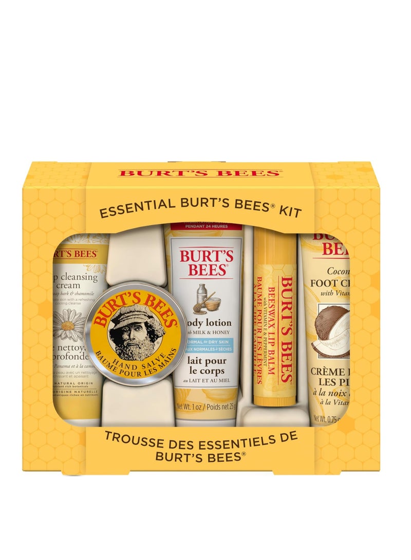 Burt's Bees Mothers Day Gifts for Mom, Essential Everyday Beauty Set, 5 Travel Size Products - Deep Cleansing Cream, Hand Salve, Body Lotion, Foot Cream and Lip Balm