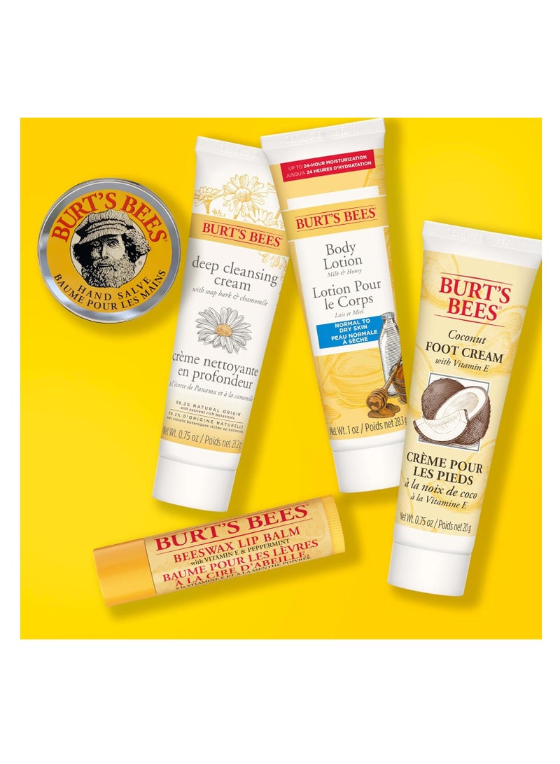 Burt's Bees Mothers Day Gifts for Mom, Essential Everyday Beauty Set, 5 Travel Size Products - Deep Cleansing Cream, Hand Salve, Body Lotion, Foot Cream and Lip Balm