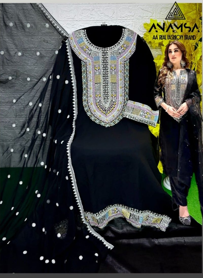 Pakistani Embroidery Work Pattern Eid Black Semi Stitched Dress