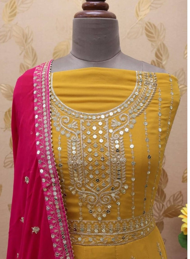 Wedding Women's Wear Heavy Pakistani Style Yellow Stitched Dress