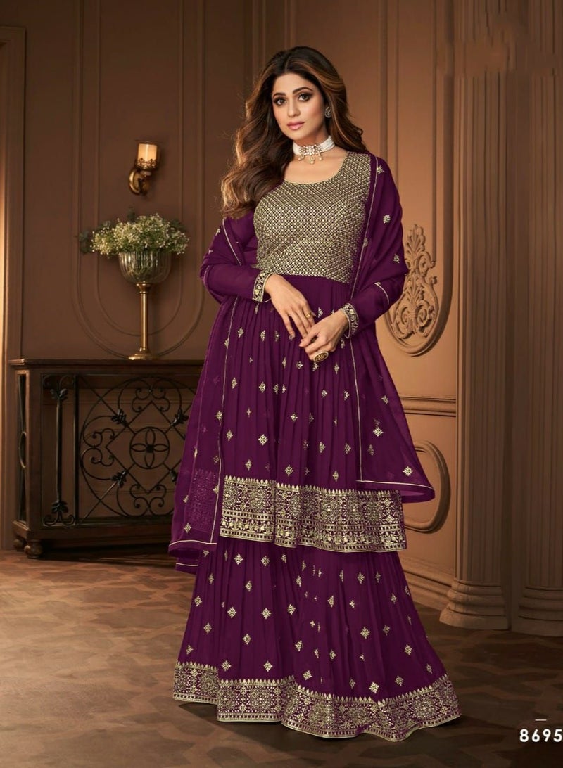 Wedding Georgette Sarara Pattern Pakistani Salwar Suit in Purple