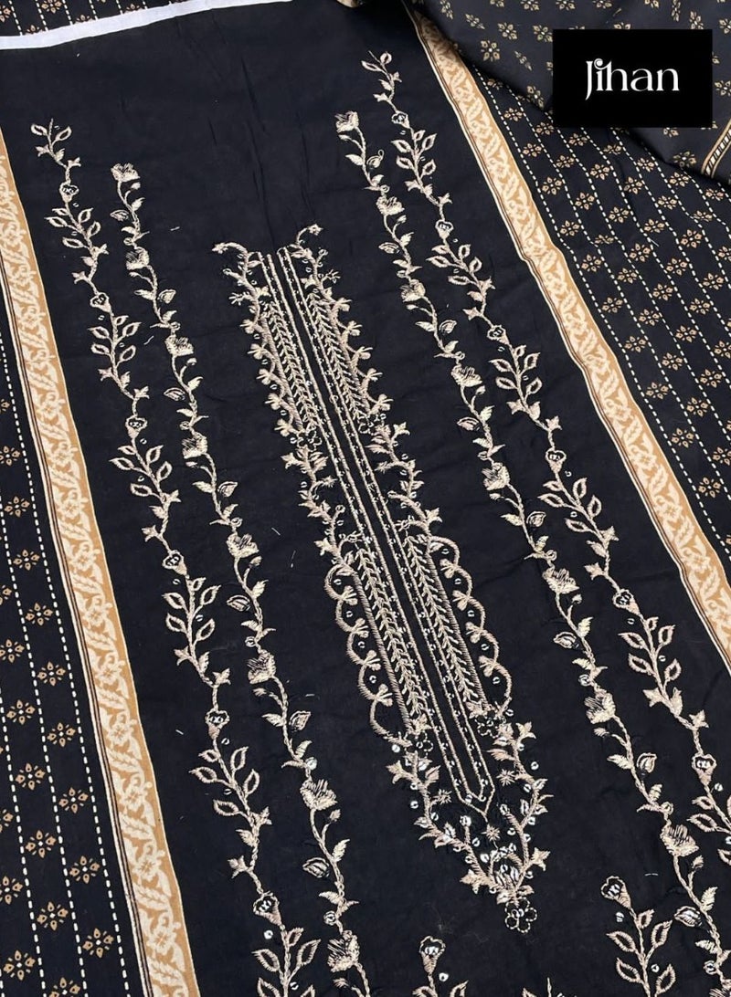 Women's Fancy Black Cotton Blend Semi Stitched Printed with Work Dress