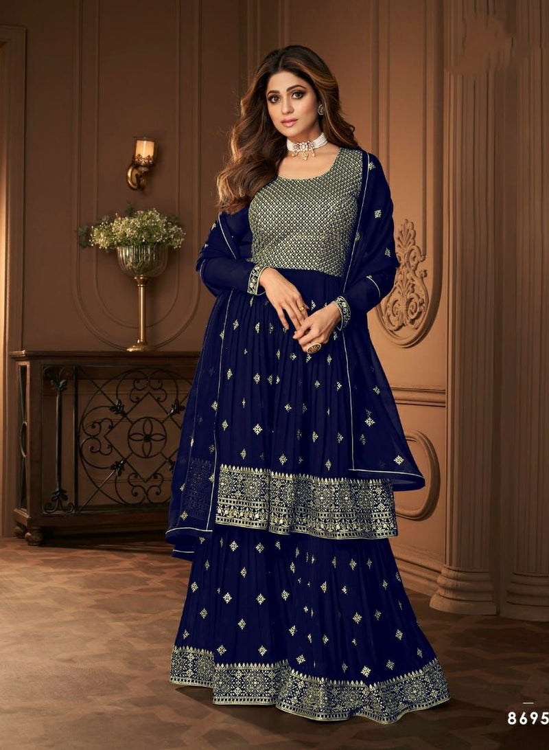 Women Wedding Function Wear Blue Georgette With Work Stitched Pakistani Dress