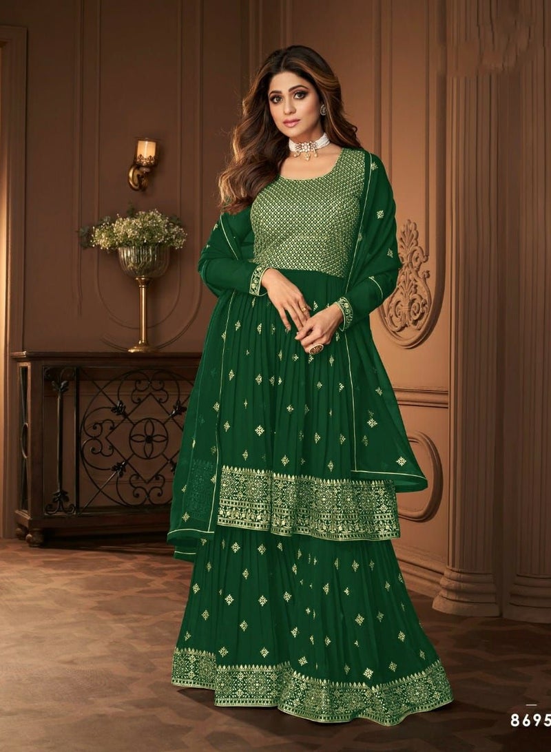Traditional Pakistani Function Wear Heavy Stitched Green Georgette Dress