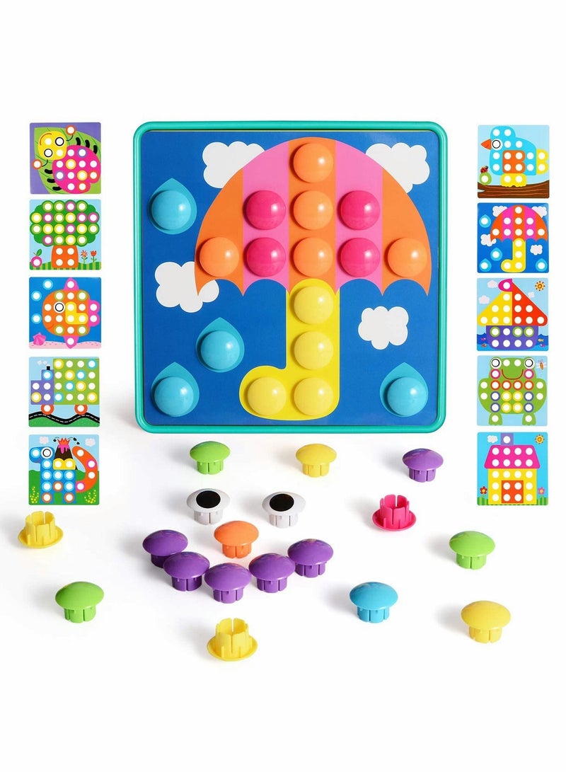 Toddler Crafts Puzzles Set, Button Art Toys for Preschool Boys Girls, Early Developmental Activities Game, 10 Pictures and 46 Buttons, with a Box Easy to Storage
