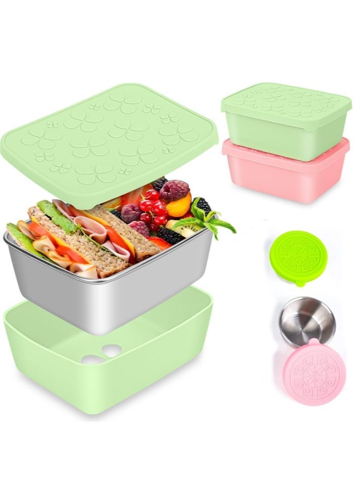 2 Pcs Stainless Steel Bento Lunch Box, 18oz Snack Containers with 2 Dip Container, Reusable Leakproof Lunch box for Kids/Adults, Stainless Steel Food Container for Work, School and Daycare
