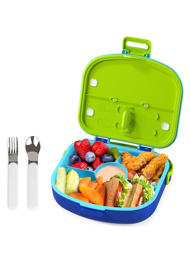 Large Bento Lunch Box for Kids with Cutlery, 4 Compartments and Silicone Handle - Leakproof, Portable, BPA-free and Easy Open 1.3L Bento Box