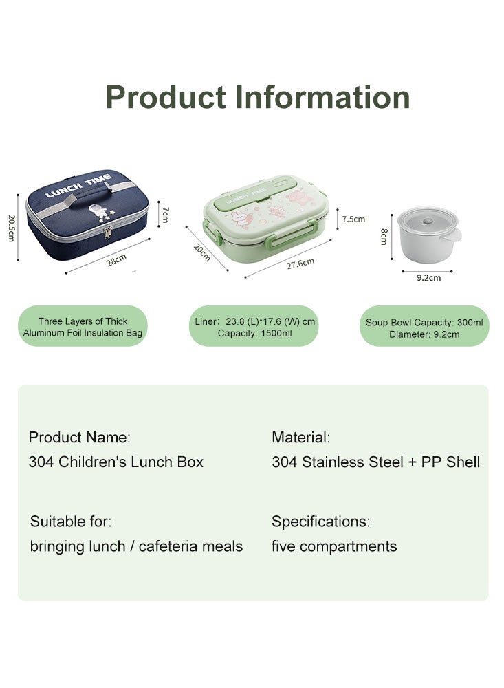 Bento Lunch Box Set with 5 Compartments, Soup Bowl, Cutlery Slot and Carry Bag - 1500ml Leak Proof Stainless Steel Food Container for Students, Workers and Camping