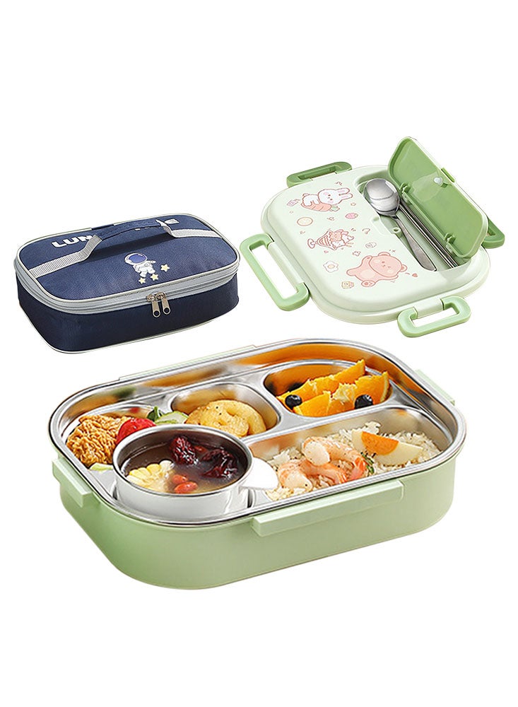 Bento Lunch Box Set with 5 Compartments, Soup Bowl, Cutlery Slot and Carry Bag - 1500ml Leak Proof Stainless Steel Food Container for Students, Workers and Camping