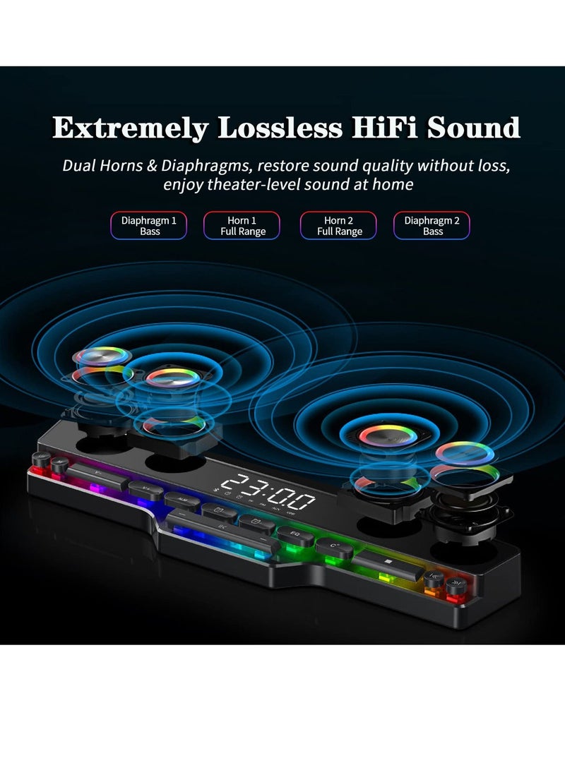 Wireless Gaming Speakers Bluetooth 5.0 PC Laptop Subwoofer with Cool lighting Dynamic RGB Sound 13 Mechanical Keys Long Endurance 4D HiFi Stereo Sound Alarm Clock FM for Computer Projector Phone