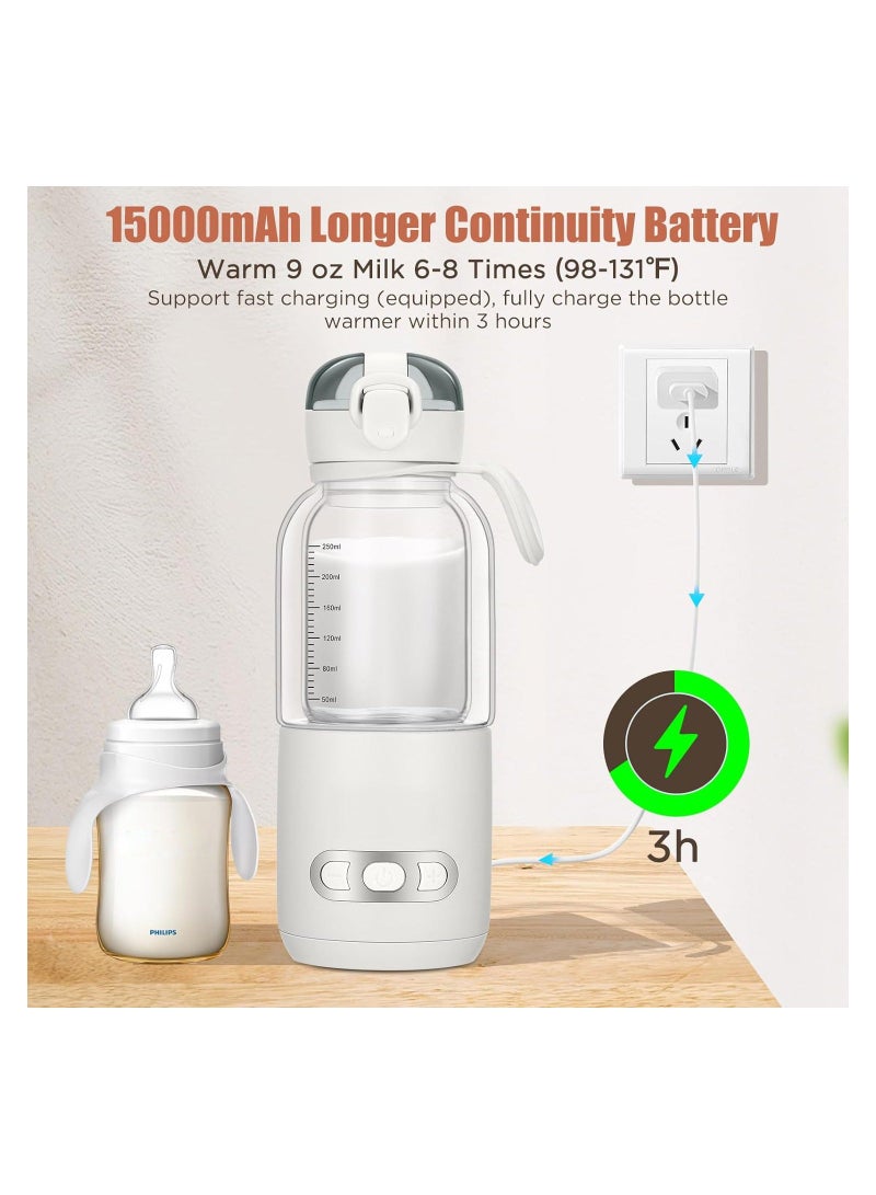 Portable Bottle Warmer, Electric Baby Bottle Shaker For Travel, Bottle Warmer For Breastmilk, Rechargeable 15000Mah Cordless Baby Bottle Warmer, 98ºf-131ºf/Double-Glazed, Fast Charge White