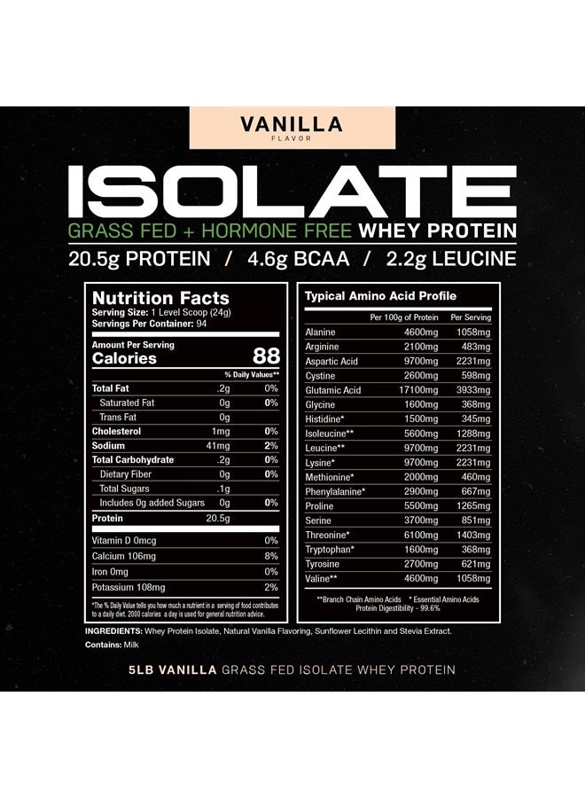 Grass-Fed Whey Protein Isolate, All Natural Hormone Free Pasture Raised, Vanilla, 5lb (94 Servings)