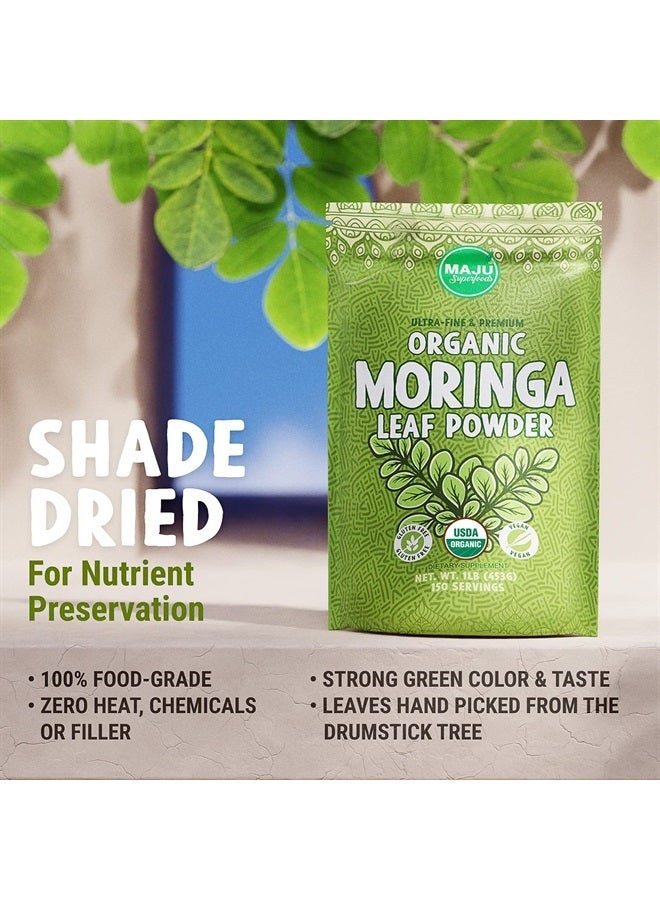 MAJU's Organic Moringa Powder (1 Pound), Oleifera Leaf, Extra-Fine Quality, Dried Drumstick Tree Leaves, For Tea, Smoothies, Food-Grade