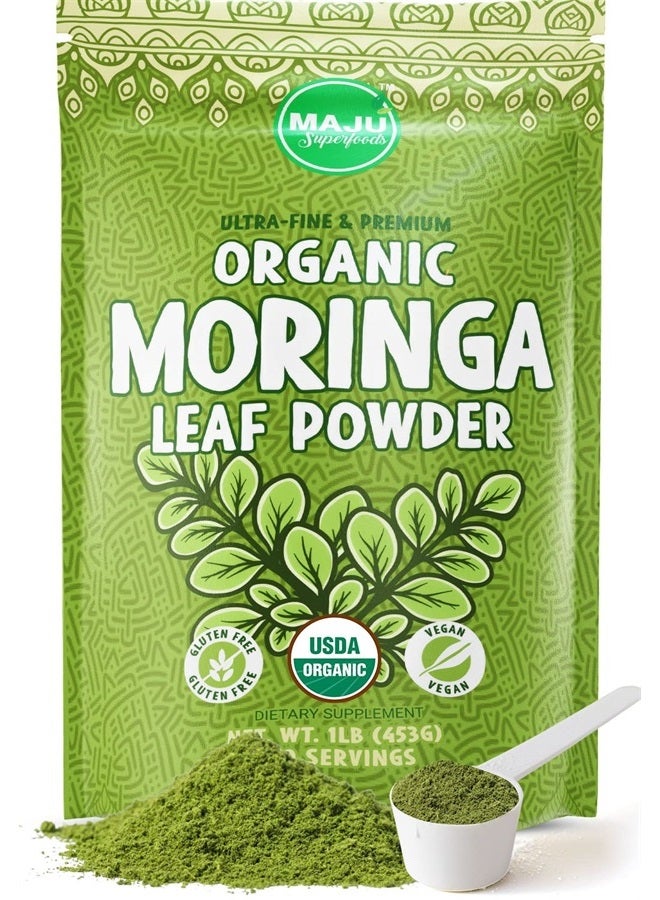 MAJU's Organic Moringa Powder (1 Pound), Oleifera Leaf, Extra-Fine Quality, Dried Drumstick Tree Leaves, For Tea, Smoothies, Food-Grade
