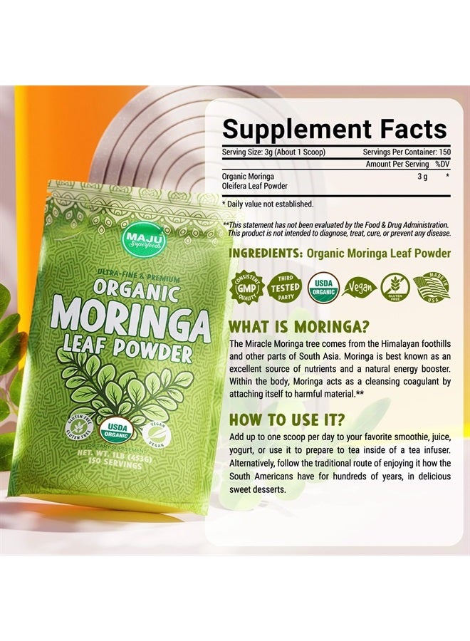 MAJU's Organic Moringa Powder (1 Pound), Oleifera Leaf, Extra-Fine Quality, Dried Drumstick Tree Leaves, For Tea, Smoothies, Food-Grade