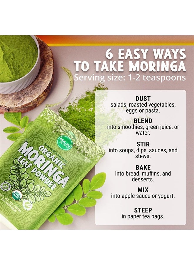 MAJU's Organic Moringa Powder (1 Pound), Oleifera Leaf, Extra-Fine Quality, Dried Drumstick Tree Leaves, For Tea, Smoothies, Food-Grade