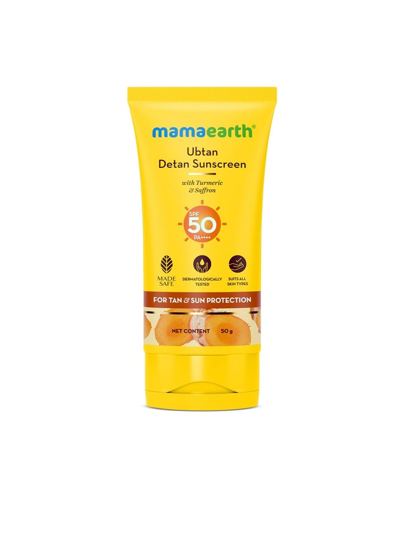 Mamaearth Ubtan Detan Sunscreen With Turmeric and Saffron  50 g  SPF 50 and PA  For UVA  B Protection  Removes Tan Brightens Skin   Non Greasy and Lightweight  No White Cast   For All Skin Types