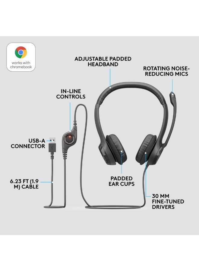 H390 Wired Headset, Stereo Headphones with Noise Cancelling Microphone, USB, In Line Controls, PC/Mac/Laptop BLACK 981-0000406, ClearChat, 1 Pack