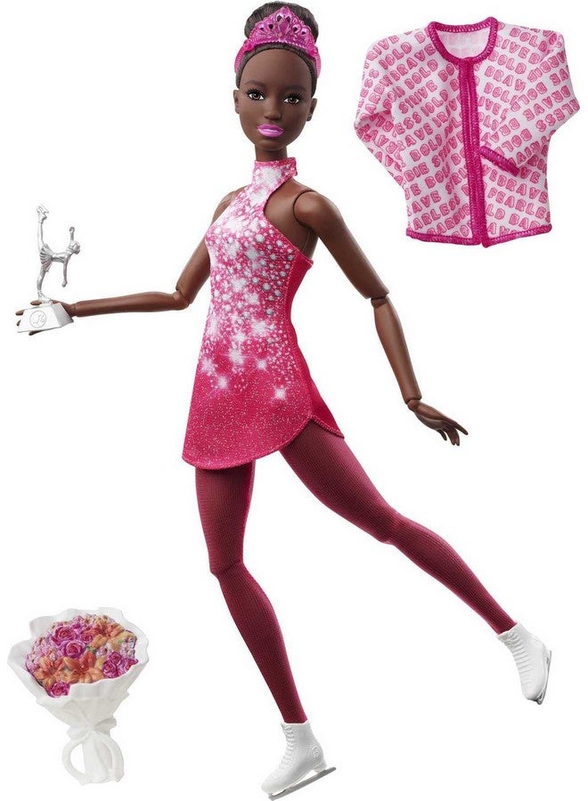 Winter Sports Ice Skater Brunette Doll (12 Inches) With Pink Dress Jacket Rose Bouquet & Trophy Great Gift For Ages 3 And Up