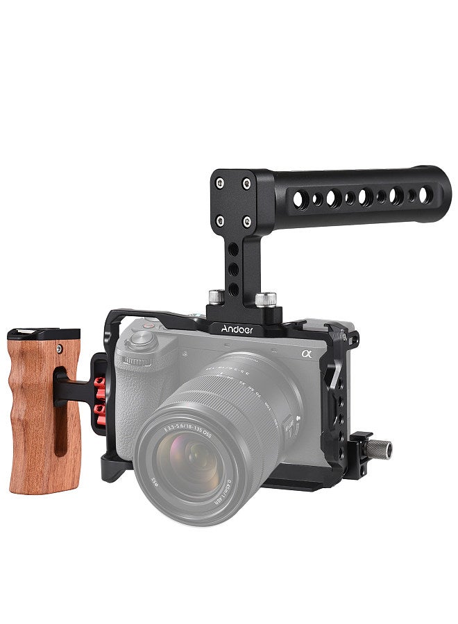Camera Cage + Top Handle + Side Hand Grip Protective Cage Kit Aluminum Alloy Camera Video Cage with Magnetic Wrench Slot Cold Shoe Mount Arca Quick Release Slot Numerous 1/4 Inch Threads