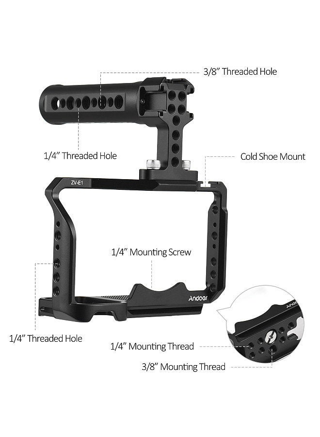 Andoer Camera Cage + Top Handle Kit Aluminum Alloy Camera Video Cage with Cold Shoe Mounts Numerous 1/4 Inch Threads Replacement for Sony ZV-E1 Camera