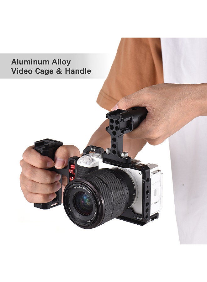 Andoer Camera Video Cage + Top Handle + Side Hand Grip Kit Aluminum Alloy Camera Video Cage with Cold Shoe Mounts Numerous 1/4 Inch Threads Replacement for Sony ZV-E1 Camera