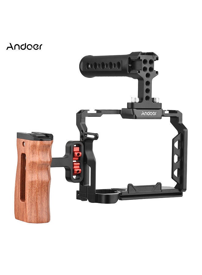 Andoer Aluminum Alloy Camera Cage Kit with Top Handle Grip Wooden Side Handle Grip Replacement for Sony A7 IV