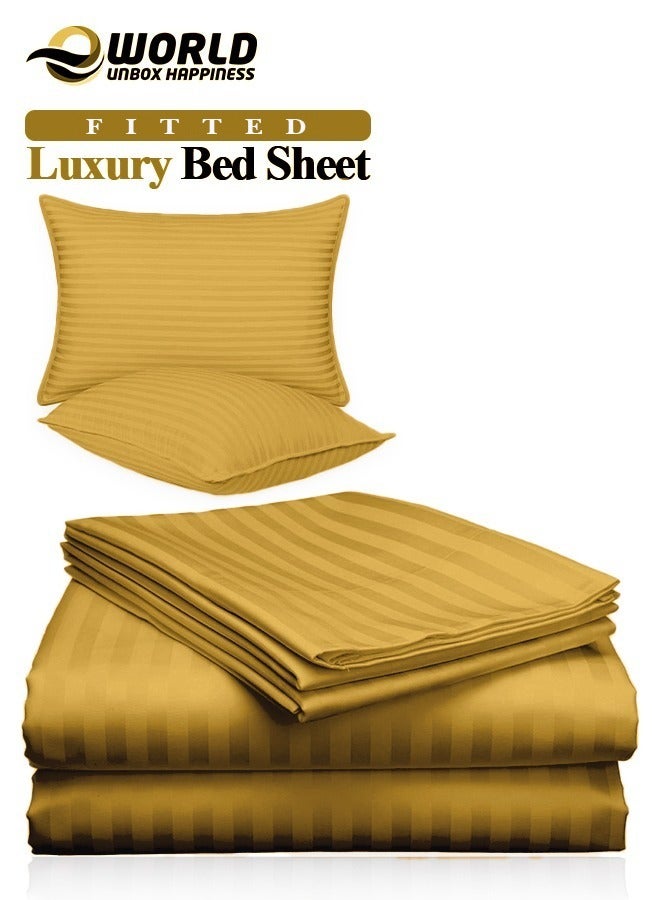 3 Piece Luxury Gold Striped Bed Sheet Set with 1 Deep Pocket Fitted Sheet and 2 Pillowcases for Hotel and Home Crafted from Ultra Soft and Breathable Cotton for Year-Round Comfort, (Single/Double)