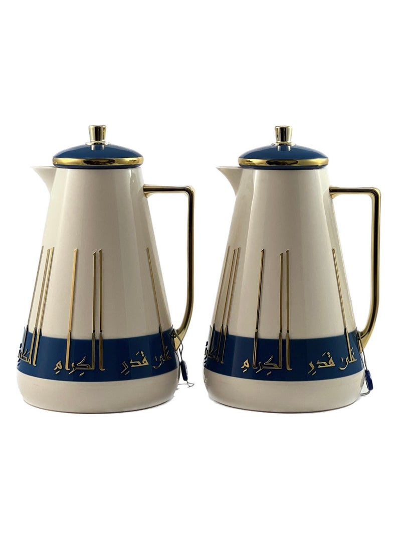 2-Piece Tea & Coffee Flask - 1 Liter & 1 Liter Capacity - Glass Inner - ABS Body - White & Blue & Gold