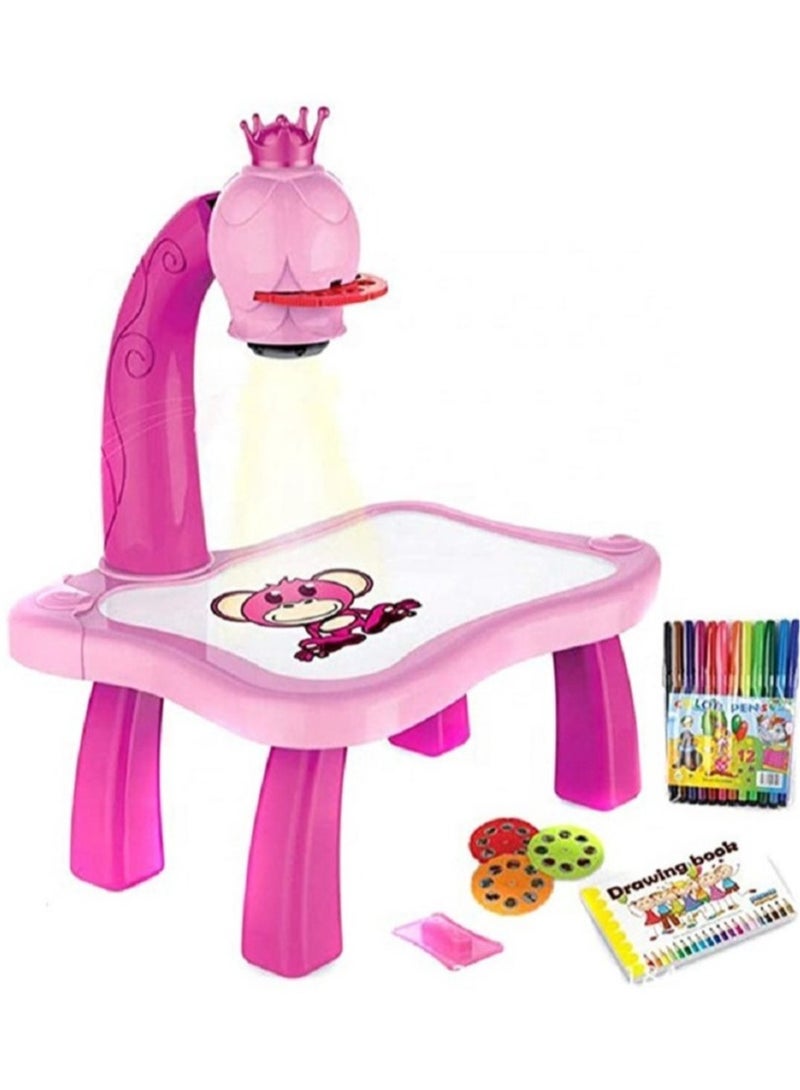 kids educational learning projector erasable drawing board painting table lamp kit indoor activity 24 patterns drawing 12 color pens Painting Toy projector Learning Drawing Desk , color Pink